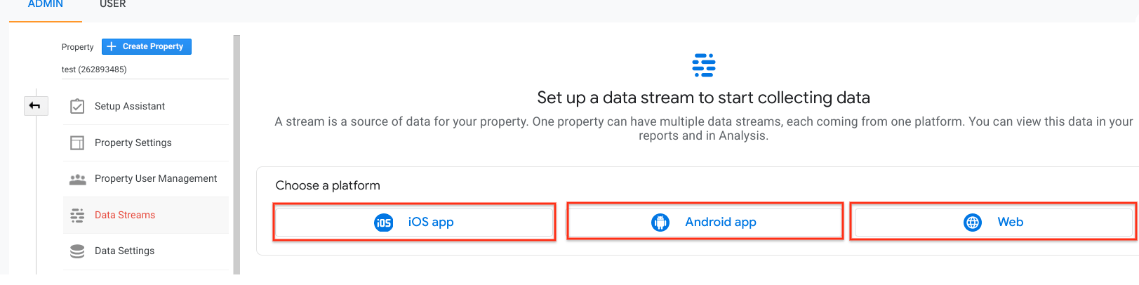 Screenshot of how to set up a data stream