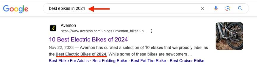 Screenshot of SERP for best ebikes in 2024