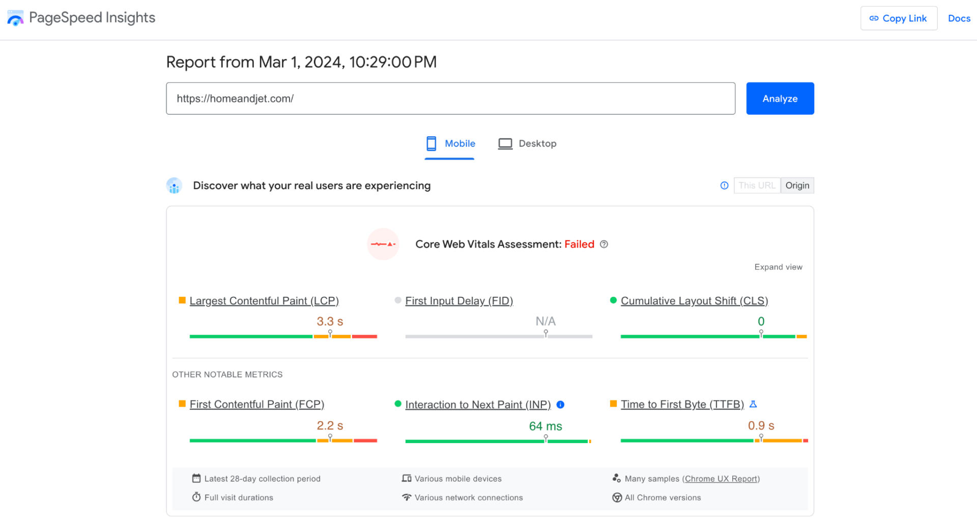 Google PageSpeed Insights test