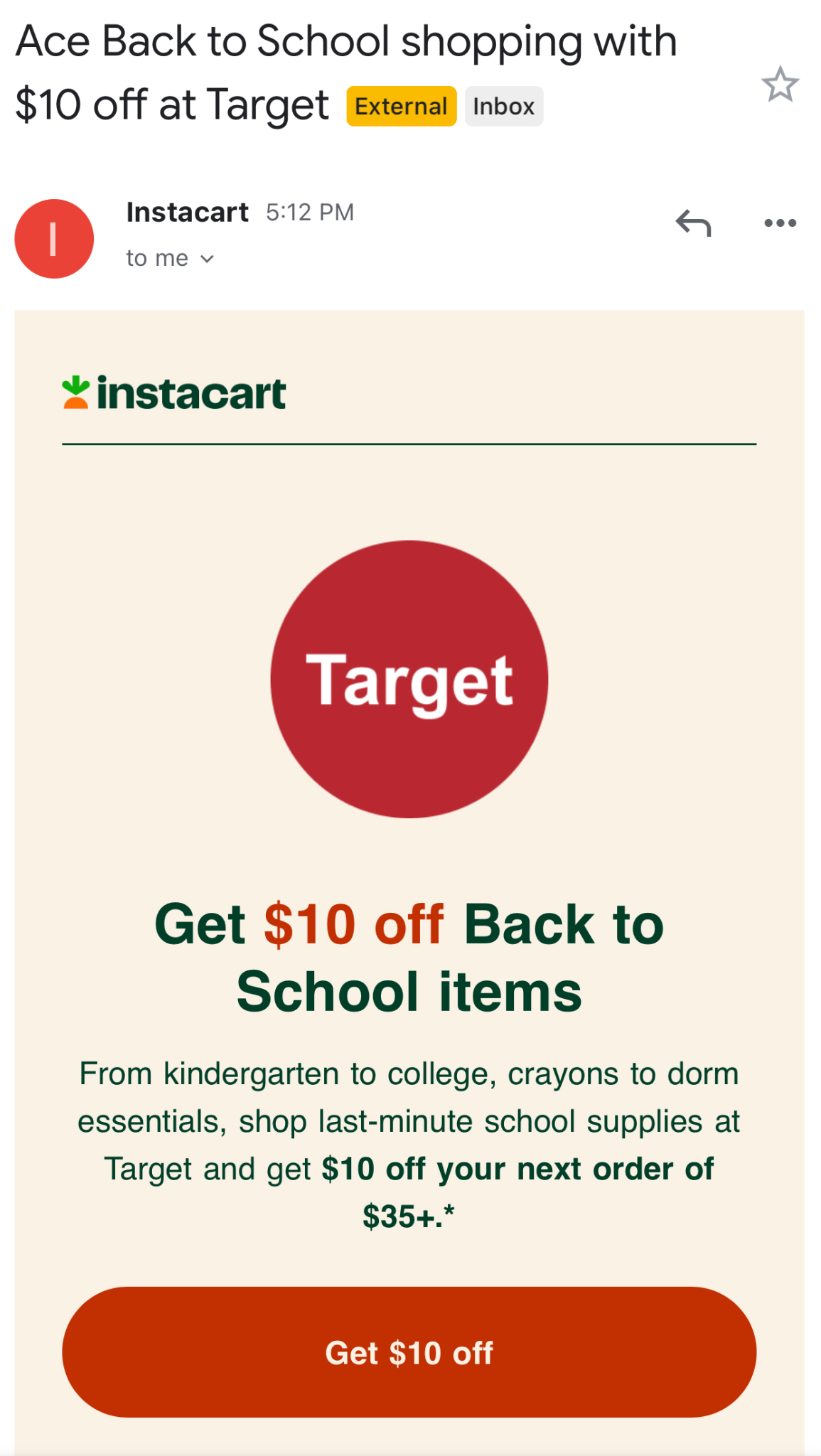 Instacart mobile-friendly emaill with easy access CTA.