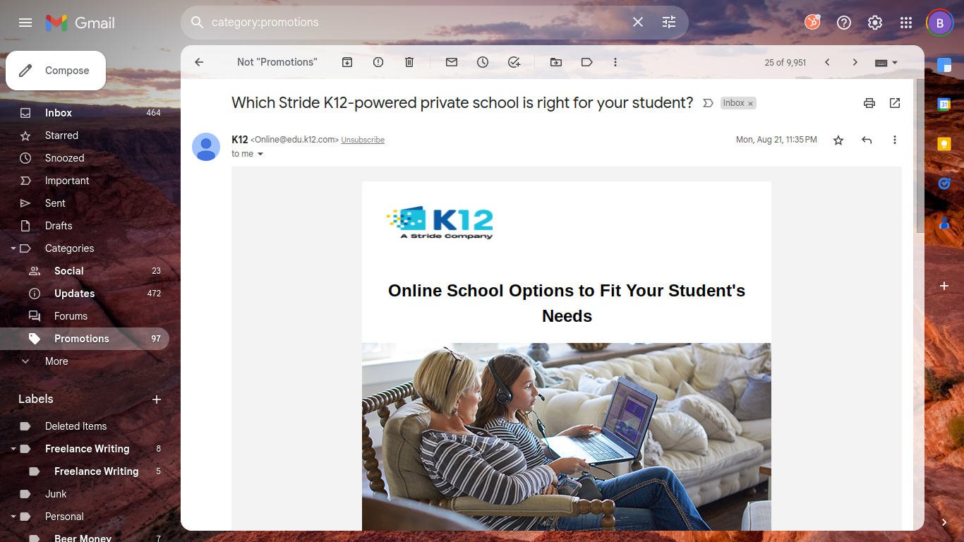 Screenshot of an email received from online virtual school, K-12