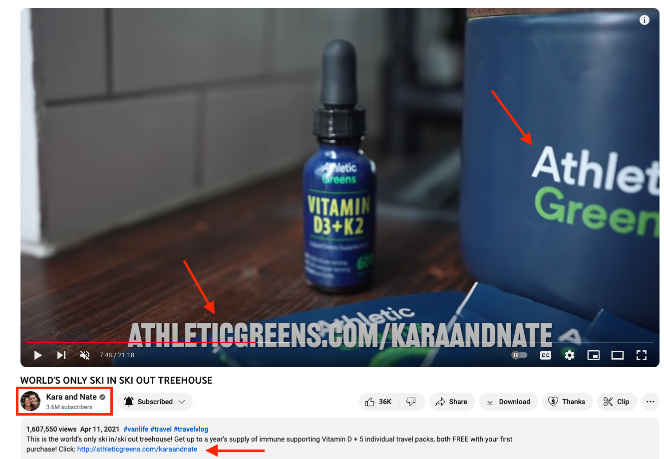 Screenshot of Kara and Nate YouTube video with an Athletic Greens sponsored ad.