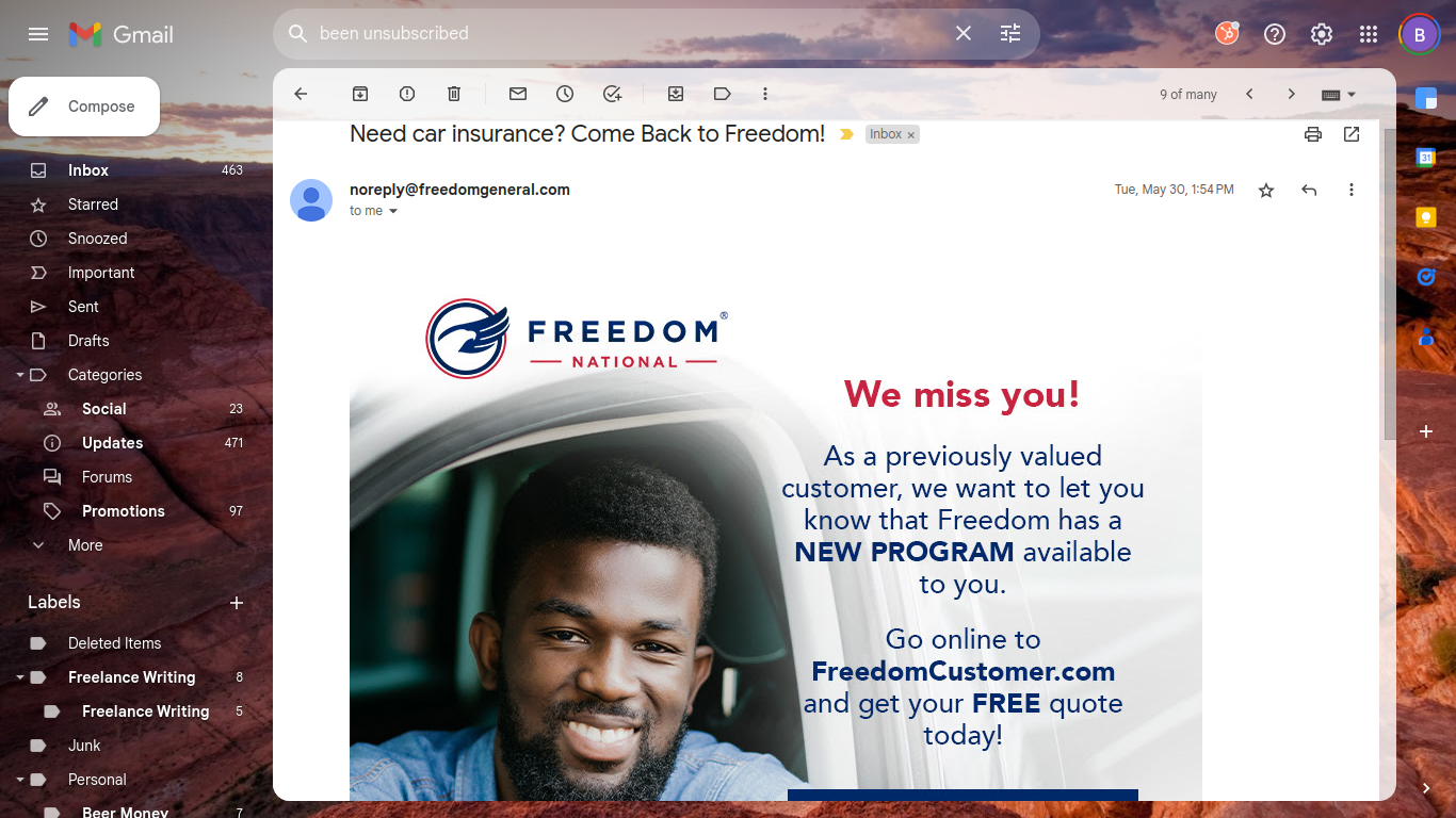 Screenshot of win-back email received from auto insurance provider, Freedom National