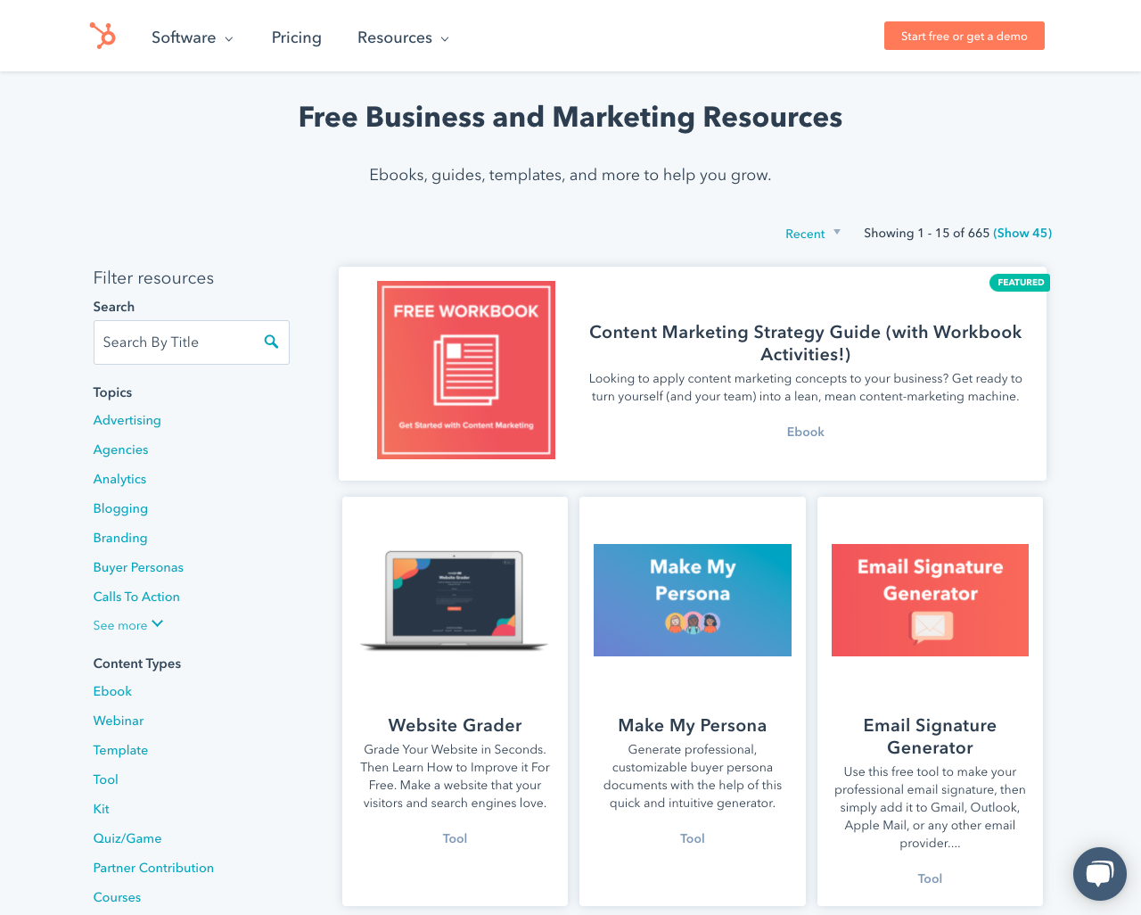 A screenshot of HubSpot’s resource library.